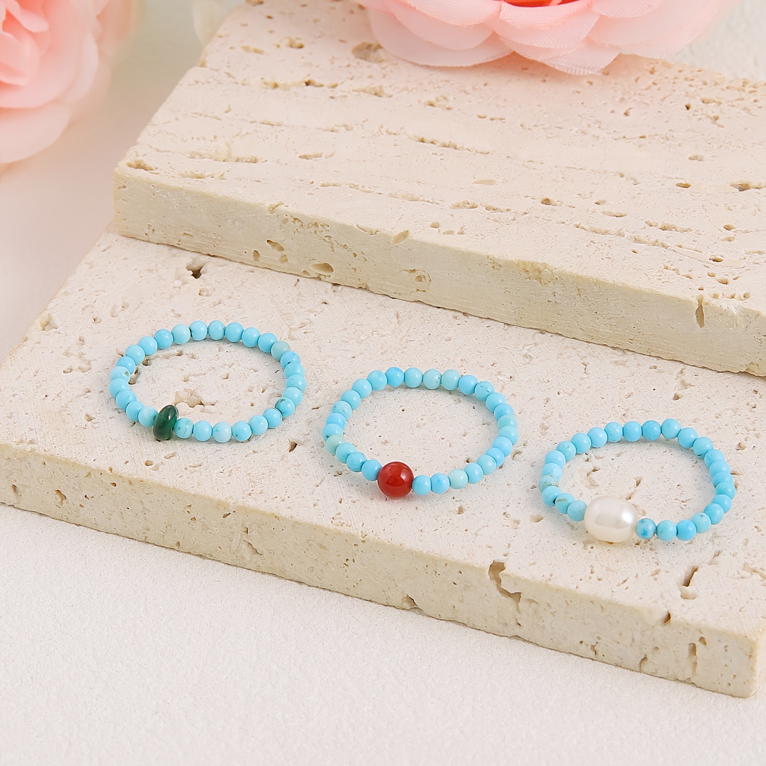 3pc Turquoise Blue Bead Stretch Rings Set for Women